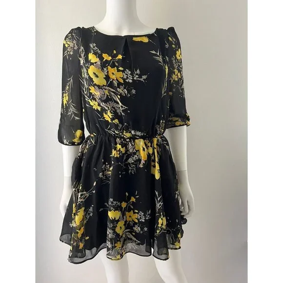 Womens Lucca Couture Black Yellow Flower Sz S Boho Chic 3/4 Sleeve Flowy Dress S - Picture 1 of 6